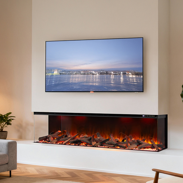2026 Model 50 60 72 80 Inch Modern Indoor 3 Sided LED Flame Electric Fireplace with Optional Real Log Set Smart Voice Control