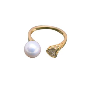 Bague en perle d'eau douce ronde de 8-9 mm pour femmes, argent S925, style élégant en forme de cœur, style amour, avec ajustement réglable, lumière intense, faibles défauts - Product Image 5