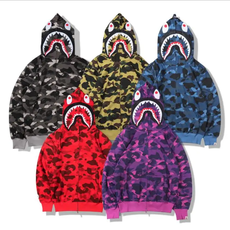 boys Tracksuit bape camo hoodie Men Trendy sweatsuit zip up for kids bucket hat pullover shark black