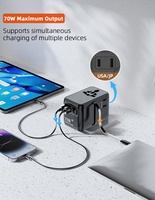Adaptateur de voyage universel PD70W, prise internationale, chargeur mondial multi-adaptateur avec câble rétractable Type C