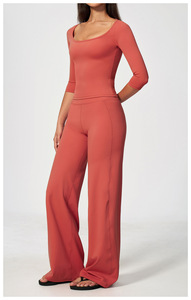 Ensemble tricoté 2 pièces bleu marine pour femme, haut sans manches et pantalon large, décontracté, printemps/été, coupe régulière, rayé, respirant - Product Image 5
