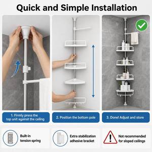 Portaoggetti angolare per doccia in acciaio inossidabile con asta telescopica, scaffale <span class=keywords><strong>da</strong></span> bagno autoportante - Product Image 3