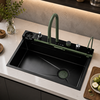 Set Wastafel Dapur Modern Hijau Pintar dari Baja Tahan Karat dengan Keran Air Terjun dan Panel Kontrol Tujuh Fungsi