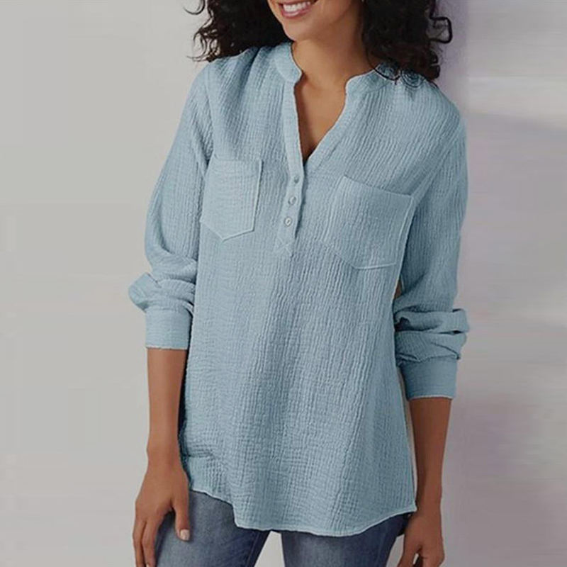 Camiseta holgada de algodón con bolsillo para mujer, camisa de