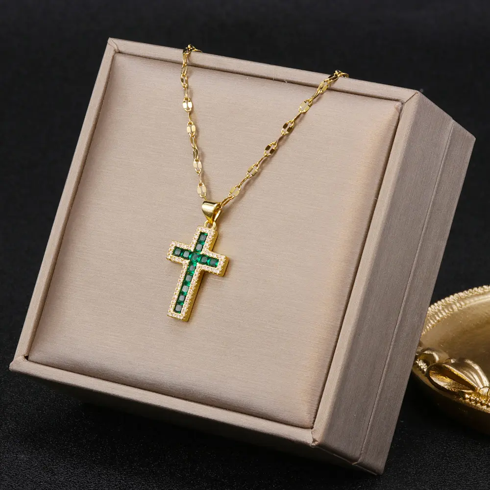 Men Fashion Stainless Steel Chain Cross Necklace Engraved Christian Religious Cross Necklace