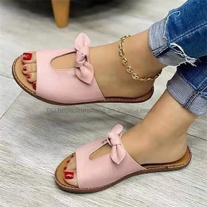 High Quality Large Size Pu Rubber Slippers Bow Hollow Open Toe Summer Women and Ladies Flat <b>Sandals</b> - Product Image 5