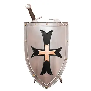 Escudo de acero vikingo hecho a mano cruzado medieval, armadura de calibre 18, Escudo de hierro de acero vikingo templario