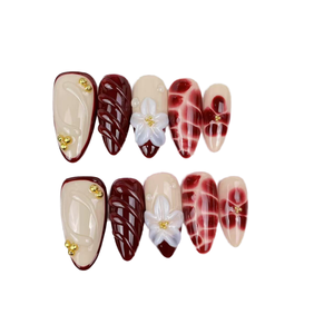 <span class=keywords><strong>Uñas</strong></span> Postizas Francesas Reutilizables de Alta Calidad, Forma Almendrada Cuadrada, Flores Tridimensionales Talladas, <span class=keywords><strong>Color</strong></span> Café, Venta al Por Mayor - Product Image 1