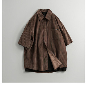 Chemise surdimensionnée rayée de style <span class=keywords><strong>japonais</strong></span> pour hommes, manches courtes, décontractée, avec boutons en corne, haut de travail d'été - Product Image 4