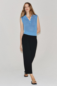 Custom Private Label Women's Blue <strong>Sleeveless</strong> <strong>Polo</strong> <strong>Neck</strong> Knit Vest Sweater Tank Top Wholesale OEM <strong>Jumper</strong> Pullover Manufacturer - Product Image 4
