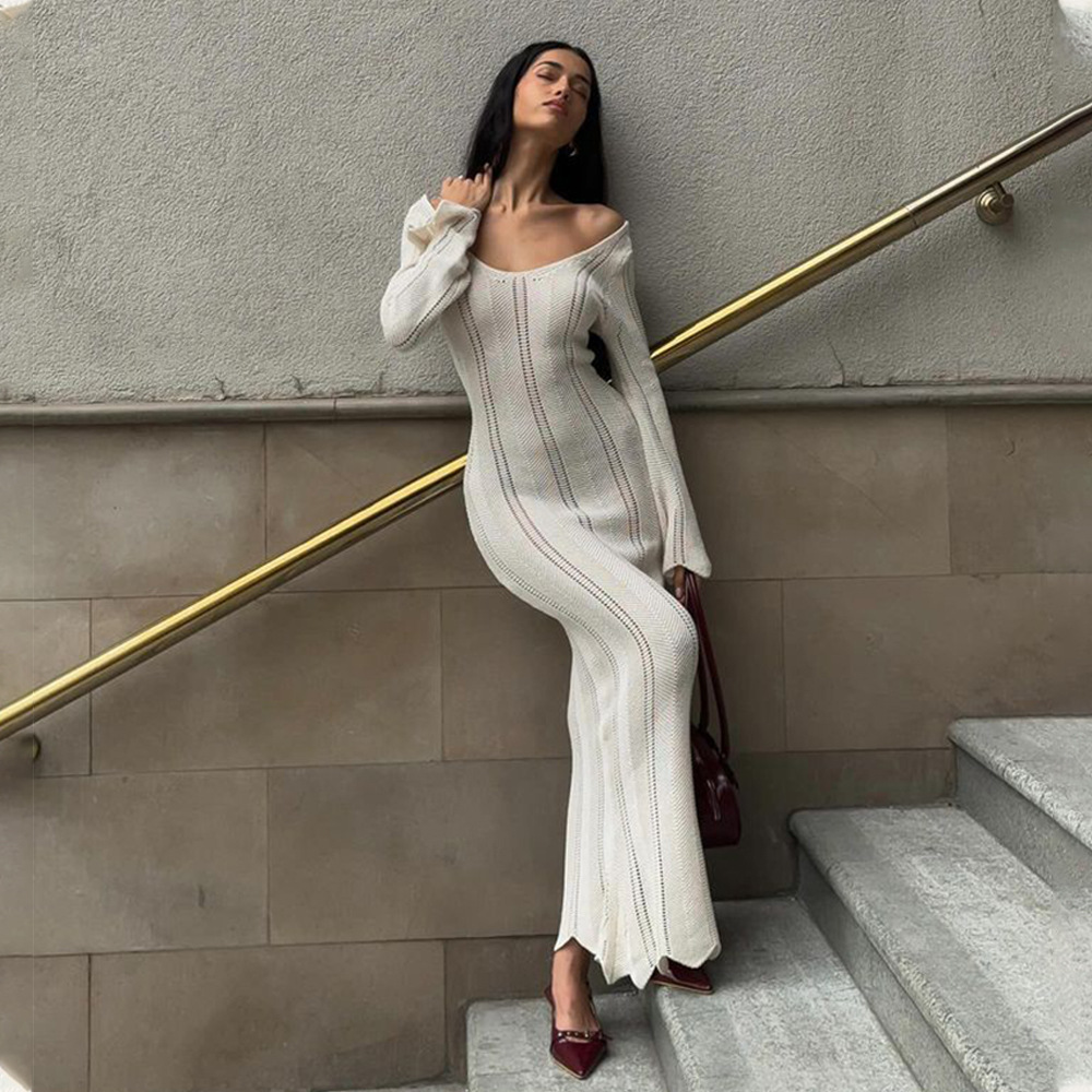Wholesale Sexy White Color One Shoulder Off U Neck Long Sleeve Body Fitting  Knit Maxi Dress Women| Alibaba.com