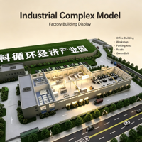 Maquette d'usine de parc industriel avec immeuble de bureaux, atelier, zone de stationnement, routes et ceinture verte