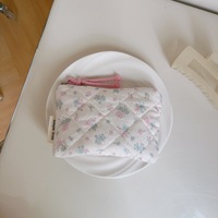 Pochette matelassée en coton à motif floral avec fermeture éclair et dragonne, multi-usage pour serviettes hygiéniques, rouge à lèvres, écouteurs, pièces de monnaie - Filles