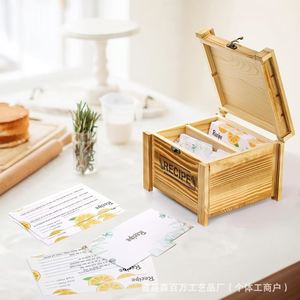 Wooden Square Recipe <b>Box</b> Solid Wood Flip Top Lockable <b>Kitchen</b> Desktop Organizer <b>Storage</b> For Cards And Recipes - Product Image 1