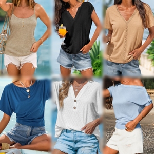 Lote al por mayor de blusas y tops de verano surtidos para mujer: camisetas, halter y tops de punto. - Product Image 3