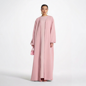 Offre Spéciale – Abaya Modeste Rose à Manches Longues et Col en V, Faite Main, Respirante, Séchage Rapide, Longueur Ras du Sol, Style Turc, en Polyester Léger - Product Image 1