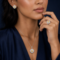 Bride Talk 3A Parure de bijoux pour femme en cuivre avec zircone cubique CZ jaune, motif étoile pavé halo et bande fendue en forme de coussin, comprenant collier, bague et boucles d'oreilles