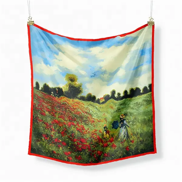 Vintage Monet Olieverfschilderij Vierkante Sjaal Rode Papavers Print Bandana Twill Zijde Halsdoek Bloemen Nieuwe 53*53Cm Hoofd haar Sjaals