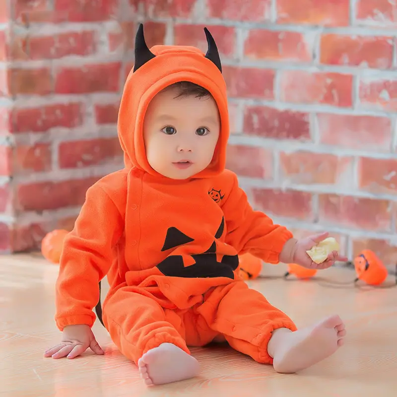 2024 Manufacturer Custom Jumpsuit Hooded Baby Clothes Monster Shape Long Sleeve Button Kids Halloween Romper