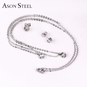 Ensemble de bijoux en acier inoxydable à prix de gros, collier et boucles d'oreilles pendantes de forme ronde avec zircon et double chaîne pour femmes - Product Image 6