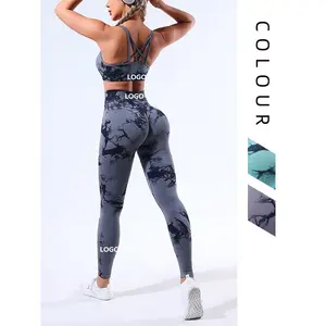 Customizable Logo Tie Dye 2 Piece Sets Breathable Elasticity Sports Gym High Waisted Leggings And Sports Bra Yoga Set For Women