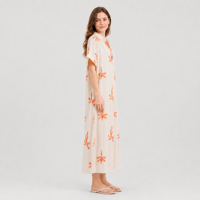 Robe longue décontractée en lin tissé pour femme, taille naturelle, imprimé palmiers tropicaux, col à revers, manches courtes, robe de plage longue pour le soleil