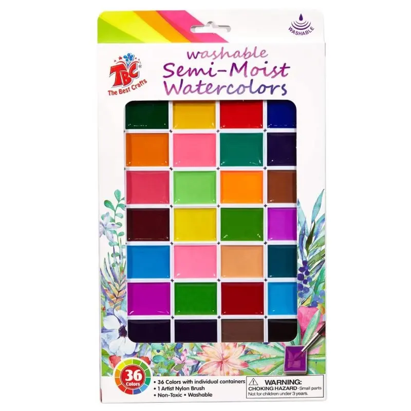 Washable Non-toxic Semi Moist Dry Watercolor Kits Non-toxic 36 Colors Water Color Paint Set with Brush