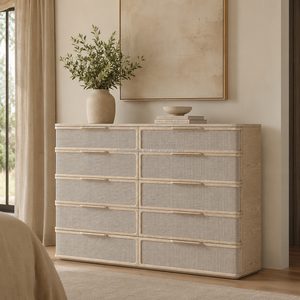 Cómoda Japandi Premium de Roble Blanco Macizo con 10 Cajones e Incrustaciones de Ratán, Perfil Curvo de Lujo, Estilo Arquitectónico Moderno Orgánico - Product Image 6