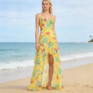 เดรสยาวลายดอกไม้พิมพ์ลายฤดูร้อนแบบผูกคอสำหรับผู้หญิง สีเหลือง แต่งระบายชายไม่สม่ำเสมอ เหมาะสำหรับวันพักผ่อน - Product Image 3