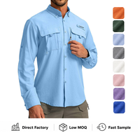 Chemise de pêche utilitaire bleu clair personnalisée pour l'extérieur, plusieurs options de couleurs, col montant, manches longues, poches à rabat, boutons, imperméable 50