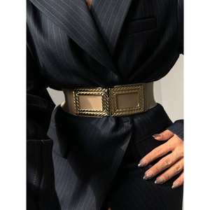 Cinturón elástico para mujer con hebilla dorada en forma de caja, cinturón metálico formal para atuendos elegantes - Product Image 3