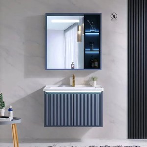 Meuble mural moderne minimaliste en PVC, contreplaqué et panneau mélaminé, finition laquée, personnalisable, toutes couleurs, avec vasque intégrée et miroir. - Product Image 6