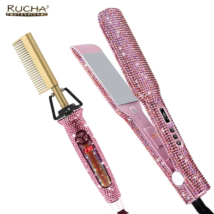 Rucha Rhinestone Bling sắt phẳng và Bộ lược nóng