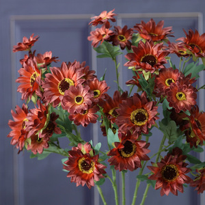 LO-1200 Ramo de 11 girasoles artificiales de estilo vintage con efecto pintura al óleo, en tonos otoñales suaves, para jarrón de habitación de huéspedes de casa de campo francesa - Product Image 1