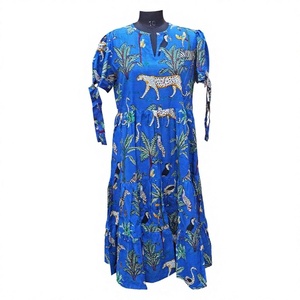 Vestido Maxi Azul con Estampado Tropical para Mujer, con Mangas Abullonadas, Cuello Redondo, Estilo Boho, Holgado, Informal, para Verano - Product Image 1