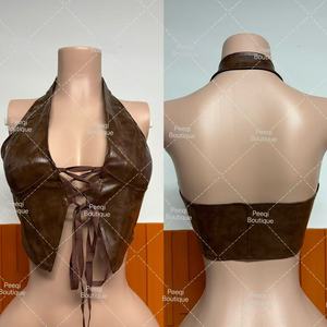 Peeqi Summer 2025 New PU <strong>Leather</strong> <strong>Tops</strong> Women Hollow Out Bandage Sleeveless Backless <strong>Halter</strong> <strong>Tops</strong> Slim Sexy Crop <strong>Top</strong> Women - Product Image 5