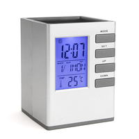 Werbeartikel Elektronische Digitale LCD-Stifthalter-Tischuhr mit Hintergrundbeleuchtung, Wecker, Kalender, Innentemperaturanzeige für Zuhause und Büro, Geschenkidee