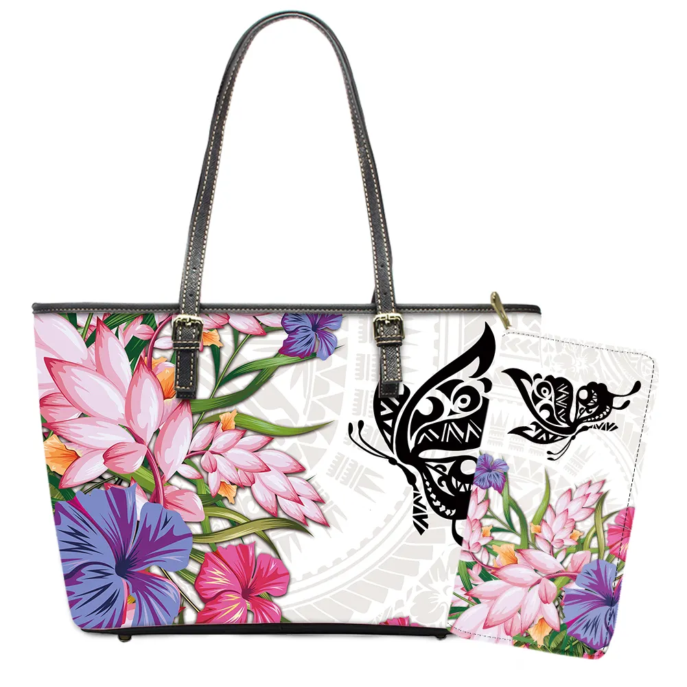 PODレディースレザートートバッグ財布セットポリネシアの花と蝶のプリント大容量ハンドバッグバッグとLジッパーウォレット