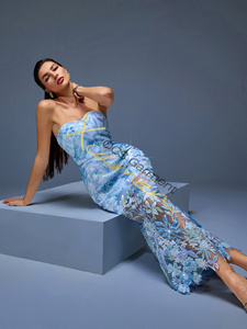 MF Bling Elegant tail Evening Ladys Clothing Sexy Off the Shoulder Sequin Mesh Floral Blue Long Casual Dresses - Product Image 4