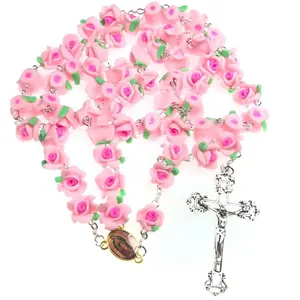 pink Soft clay Rose Beads Rosary soft clay rosary necklace with Jesus Cross Necklace golden Virgin Guadalupe rosary center