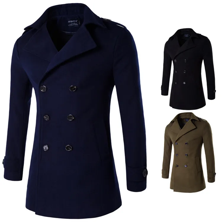 mens business mid length coat slim casual double breasted lapel solid trench men wool coat