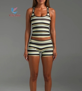 Newest Women Premium Custom Striped Racer Back Tank Biker Shorts Casual Athletic Yoga SetTraining Outfit Yoga Set