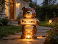 Statue d'ours en résine LED solaire personnalisée, panneau de bienvenue, figurine de jardin résistante aux intempéries, décoration extérieure pour cour, patio, paysage, cadeau artisanal