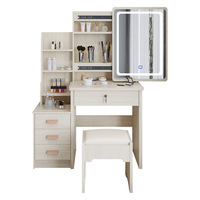 Table de toilette moderne en bois rose avec lumières LED, miroir coulissant, tiroirs de rangement, durable et écologique pour la chambre à coucher