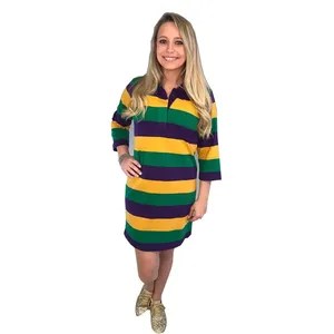 Gaun polo wanita lengan pendek, pakaian musim panas wanita lengan pendek motif garis-garis Mardi Gras, hijau, ungu, dan emas