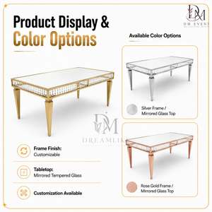 Mesa de Comedor de Lujo de Acero Inoxidable Dorado con Cubierta de Cristal Espejo y Detalles de Cristal, Cuatro Patas Cónicas, Proveedor Mayorista para Banquetes de Boda - Product Image 5