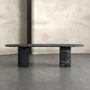 Mesa de comedor de mármol redonda ovalada y estriada de piedra negra Nero Marquina de estilo exótico hecho a mano de calidad exquisita - Product Image 1