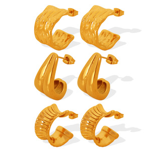 Huggie <b>Earrings</b> Gold Textured C Shape Geometric Design Stainless Steel <b>Post</b> For Women Fashion Jewelry - Product Image 5