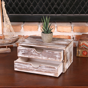 Caja de Almacenamiento de Escritorio de Madera con 2 Cajones, Acabado Retro Blanqueado, para Organización de Joyas y Oficina - Product Image 1