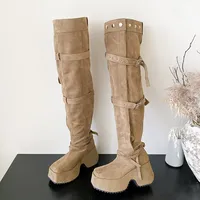Bottes de moto punk à plateforme pour femme, hiver, semelle compensée épaisse antidérapante, super hautes 8 cm, multi-boucles